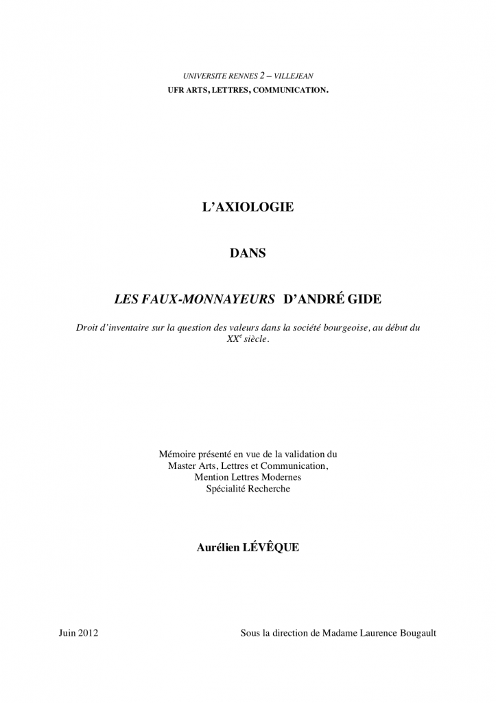 Couverture Mémoire master - L'axiologie dans LFM